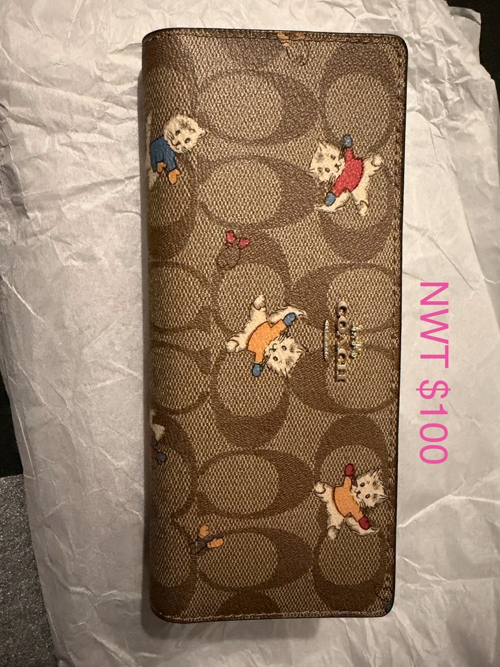 Coach Kids Brown Signature Cat Print Long Wallet with Colorful Accents